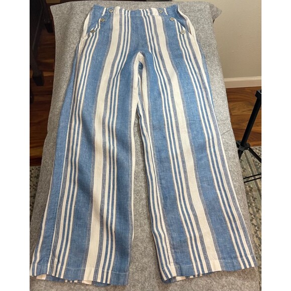 Jones & Co 100% Women Linen stripped wide leg blue& white pants w/silver buttons - Picture 1 of 3